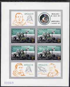 Rumania 1971 Apollo 15 sheetlet (4 x 1L 50 + 4 diff labels) imperf m/sheet from limited printing unmounted mint Mi Bl 89, stamps on 