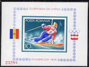 Rumania 1976 Innsbruck Winter Olympics imperf m/sheet (Downhill Skier) from limited printing fine unmounted mint Mi Bl 129, stamps on 