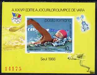 Rumania 1988 Seoul Olympic Games (1st issue) imperf m/sheet (swimmer) from limited printing fine unmounted mint Mi Bl 243 , stamps on , stamps on  stamps on rumania 1988 seoul olympic games (1st issue) imperf m/sheet (swimmer) from limited printing fine unmounted mint mi bl 243 