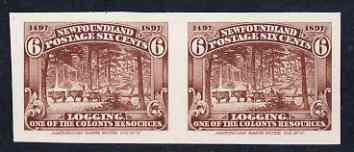 Newfoundland 1897 400th Anniversary Logging 6c red-brown IMPERF plate proof pair on thin card ex ABNCo archives, as SG 71, stamps on 