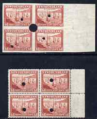 Newfoundland 1941-44 KG6 Leaving for the Banks 48c in perf & imperf matched proof blocks of 4 from Waterlow archives, each stamp with security punch hole, some wrinkling ..., stamps on , stamps on  kg6 , stamps on 