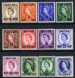 Qatar 1957-59 Wilding surch set complete 1np to 1r mtd mint SG1-12, stamps on 