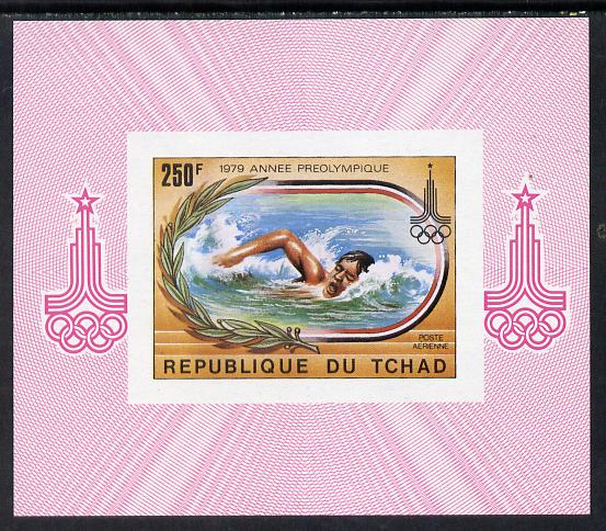 Chad 1979 Moscow Olympics (Swimming) imperf deluxe miniature sheet (design as SG 575), stamps on sport    swimming    olympics