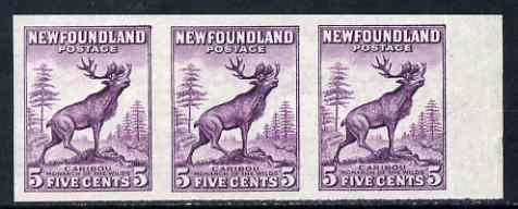 Newfoundland 1932-38 Reindeer 5c die II imperf strip of 3 very fine mounted mint, SG 225ca, stamps on 