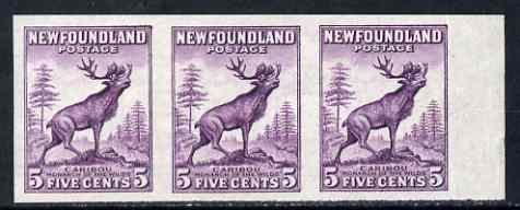 Newfoundland 1932-38 Reindeer 5c die II imperf strip of 3 very fine mounted mint, SG 225ca, stamps on , stamps on  stamps on newfoundland 1932-38 reindeer 5c die ii imperf strip of 3 very fine mounted mint, stamps on  stamps on  sg 225ca