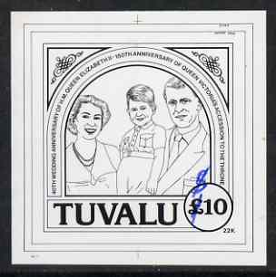 Tuvalu 1987 Ruby Wedding advanced stage stamp size proof in black ink for the 22k gold embossed issues, design denominated as A310 and amended in blue to show correct value of $10, stamps on , stamps on  stamps on royalty