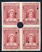 Newfoundland 1941-44 KG6 Queen Mother 3c red imperf marginal PROOF block of 4 each stamp with Waterlow security punch hole, some wrinkles but a scarce KG6 item, as SG 278, stamps on , stamps on  stamps on , stamps on  stamps on  kg6 , stamps on  stamps on royalty, stamps on  stamps on queen mother