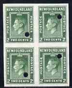 Newfoundland 1941-44 KG6 2c green imperf marginal PROOF block of 4 each stamp with Waterlow security punch hole, a scarce KG6 item, as SG 277, stamps on , stamps on  stamps on , stamps on  stamps on  kg6 , stamps on  stamps on 