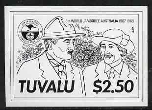 Tuvalu 1988 Scout Jamboree stamp size proof in black ink for the 22k gold embossed issues, slight indentation near top, stamps on 