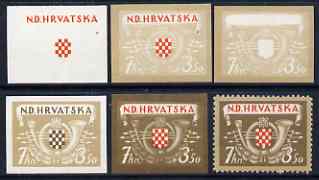 Croatia 1944 Postal & Railway Employees' Fund 7k + 3k50 (SG 123 Posthorn & Shield)) 5 imperf progressive proofs plus issued stamp, part og and mainly fine., stamps on , stamps on  stamps on croatia 1944 postal & railway employees' fund 7k + 3k50 (sg 123 posthorn & shield)) 5 imperf progressive proofs plus issued stamp, stamps on  stamps on  part og and mainly fine.