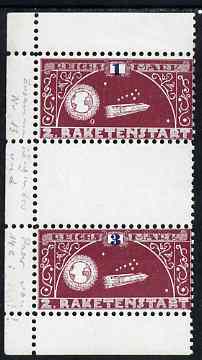 Cinderella - Germany 1933 Rocket Labels 6th issue inter-paneau gutter pair, lower stamp bears a blue 3 instead of a blue 1, only 40 exist, stamps on 