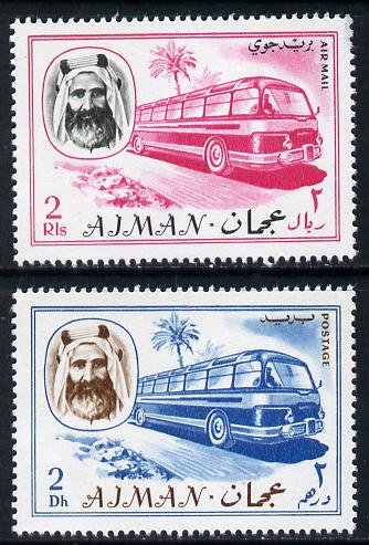Ajman 1967 Bus (2Dh & 2R from Transport perf set of 14) unmounted mint Mi 128 & 137*, stamps on buses