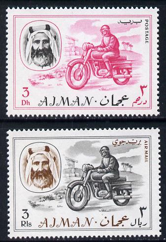 Ajman 1967 Motorcyclist (3Dh & 3R from Transport perf set of 14) unmounted mint Mi 129 & 138*, stamps on , stamps on  stamps on motorbikes