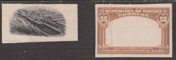 Panama 1918 cut down die proofs of 50c frame & centre (Balbao Docks) each in issued colours on card (both folded) scarce ABNCo proofs as SG 181, stamps on 