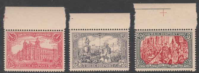 Germany 1899 Reichpost 1m, 3m & 5m unmounted mint reprints with Nachdruck printed on reverse, as SG 62 & 64-65, originals cat 545, stamps on 