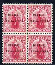 Niue 1917 Surcharged 1d on 1d carmine block of 4, one stamp with round stop after Niue unmounted mint SG 21 (cat \A388 as normals), stamps on 