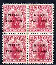 Niue 1917 Surcharged 1d on 1d carmine block of 4, one stamp with 