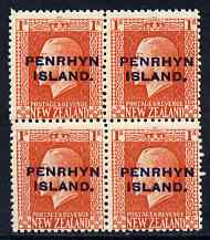 Cook Islands - Penrhyn 1917-20 KG5 1s vermilion P14 x 14.5 block of 4, unmounted mint SG 27a, stamps on , stamps on  stamps on , stamps on  stamps on  kg5 , stamps on  stamps on 