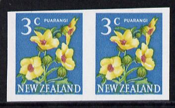 New Zealand 1967 Puarangi 3c Hibiscus (from def set) imperf horiz pair unmounted mint, SG 849var*, stamps on flowers, stamps on trees