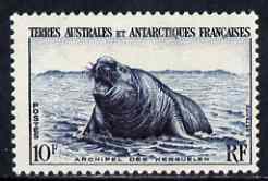 French Southern & Antarctic Territories 1956-60 Elephant Seal 10f very lightly mounted SG 10, stamps on , stamps on  stamps on french southern & antarctic territories 1956-60 elephant seal 10f very lightly mounted sg 10