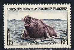 French Southern & Antarctic Territories 1956-60 Elephant Seal 15f very lightly mounted SG 12, stamps on , stamps on  stamps on french southern & antarctic territories 1956-60 elephant seal 15f very lightly mounted sg 12