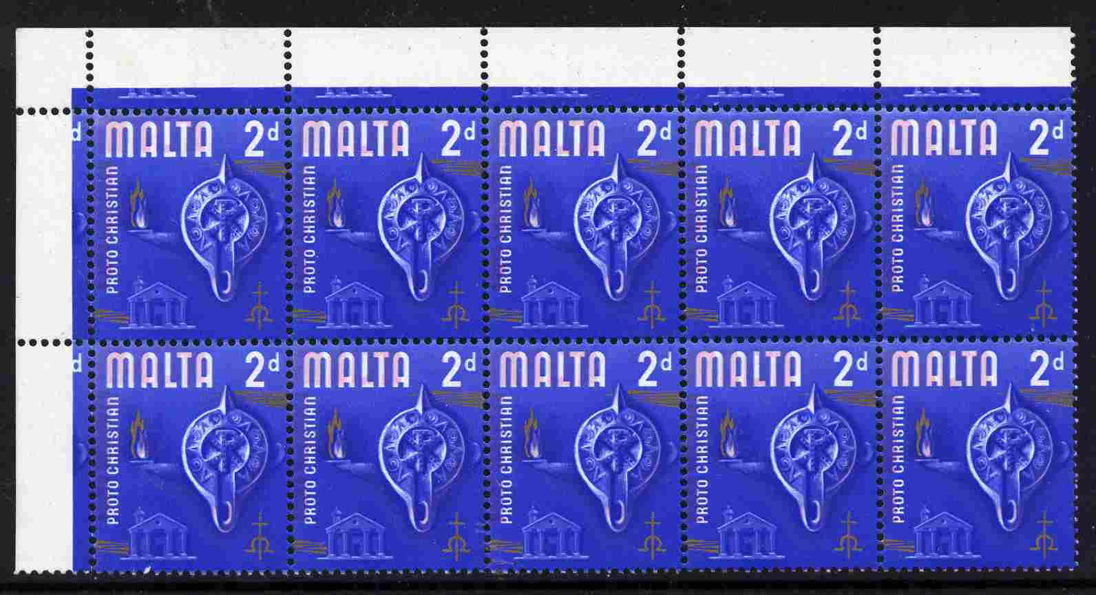 Malta 1965-70 Historical def 2d corner block of 10 showing a fine misplacement of the pink unmounted mint, stamps on 