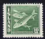 Iceland 1939-45 Atlantic Herring 10a green P14 superb unmounted mint SG 247a, stamps on , stamps on  stamps on iceland 1939-45 atlantic herring 10a green p14 superb unmounted mint sg 247a