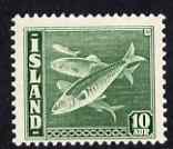 Iceland 1939-45 Atlantic Herring 10a green P14 x 13.5 lightly mounted SG 247, stamps on 