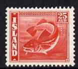 Iceland 1939-45 Atlantic Herring 25a scarlet P14 x 13.5 lightly mounted SG 250, stamps on , stamps on  stamps on iceland 1939-45 atlantic herring 25a scarlet p14 x 13.5 lightly mounted sg 250