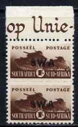 South West Africa 1943-44 KG6 War Effort (reduced size) 1s fine mounted mint marginal vertical pair with background partly missing from upper stamp, stamps on , stamps on  kg6 , stamps on 