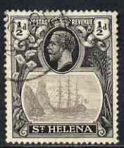 St Helena 1922-37 KG5 Badge Script 1/2d single with variety Diagonal scratch in front of rock, 12th line of shading broken between main 7 mizzen masts (stamp 33) cds used..., stamps on , stamps on  kg5 , stamps on ships, stamps on 