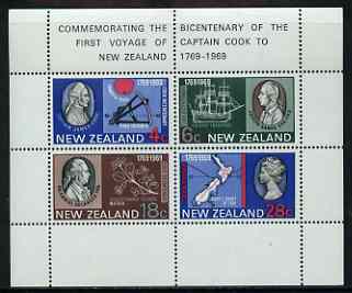 New Zealand 1969 Bicentenary of Captain Cook's Landing m/sheet showing retouch under 'Transit' on 4c value, unmounted mint SG MS 910var, stamps on , stamps on  stamps on explorers, stamps on  stamps on cook, stamps on  stamps on ships, stamps on  stamps on maps, stamps on  stamps on navigation, stamps on  stamps on 