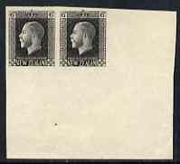 New Zealand 1915 KG5 6d typo printed imperf plate proof corner pair in black on unwatermarked, ungummed paper, stamps on , stamps on  stamps on , stamps on  stamps on  kg5 , stamps on  stamps on 