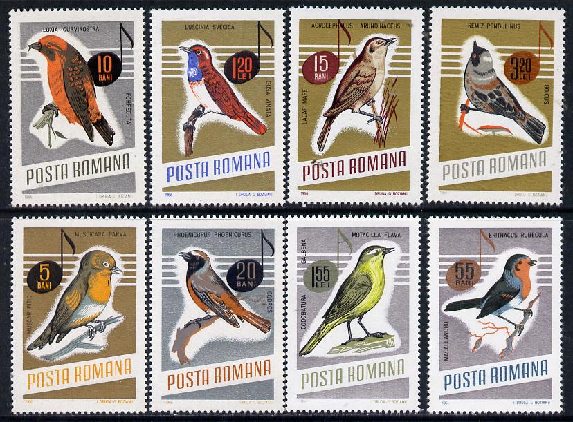 Rumania 1966 Songbirds set of 8 unmounted mint, SG 3369-76, Mi 2500-2507*, stamps on birds, stamps on music, stamps on flycatcher, stamps on  tit , stamps on crossbill, stamps on warbler, stamps on redstart, stamps on robin, stamps on bluethroat, stamps on wagtail