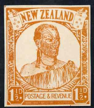 New Zealand 1935 Maori Man unaccepted essay for Pictorial issue, 1.5d value in orange by CH & RJ Collins, surface printed twice stamp size with historical notes , stamps on 