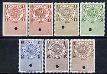 Peru 1940s? Revenue set of 6, 1c to 1sol perf & 1sol imperf, unmounted mint but two are creased, each with Waterlow & Sons security punch holes through each, (7), stamps on , stamps on  stamps on peru 1940s? revenue set of 6, stamps on  stamps on  1c to 1sol perf & 1sol imperf, stamps on  stamps on  unmounted mint but two are creased, stamps on  stamps on  each with waterlow & sons security punch holes through each, stamps on  stamps on  (7)