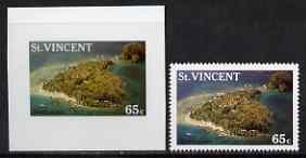 St Vincent 1988 Tourism 65c Aerial View of Young Island Cromalin on plastic card, from Format International archives, plus issued stamp SG 1135, stamps on 