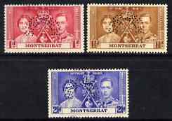 Montserrat 1937 KG6 Coronation set of 3 perf'd SPECIMEN for UPU distribution with additional SPECIMEN handstamp in red applied lightly over the edge of the stamps by receiving authority (possibly Bechuanaland) without gum but probably unique , stamps on , stamps on  stamps on , stamps on  stamps on  kg6 , stamps on  stamps on 