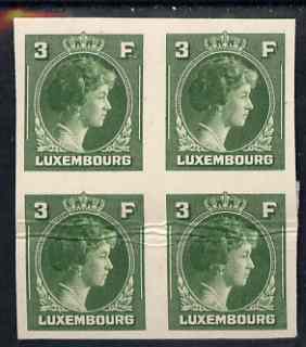 Luxembourg 1944 Grand Duchess Charlotte (SG type 70) IMPERF proof block of 4 of 3F in green on thick card (ex ABN Co archives) horiz crease but only one sheet known , stamps on , stamps on  stamps on luxembourg 1944 grand duchess charlotte (sg type 70) imperf proof block of 4 of 3f in green on thick card (ex abn co archives) horiz crease but only one sheet known 