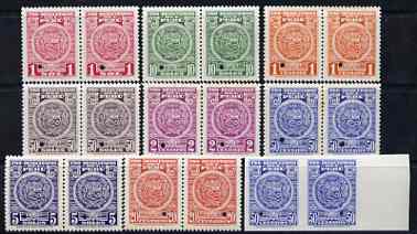 Peru 1951 8 Essays 1c to 50sol in perf  proof pairs plus 50c imperf pair all with Waterlow & Sons security punch holes through each, (inscr  Pro Desocupados) fair to fine..., stamps on 