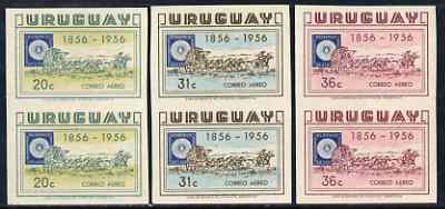 Uruguay 1956 Stamp Centenary set of 3 each in imperf pairs, without gum and possibly proofs, stamps on , stamps on  stamps on uruguay 1956 stamp centenary set of 3 each in imperf pairs, stamps on  stamps on  without gum and possibly proofs