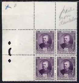 Monaco 1923 Prince Louis 25c purple perf proof corner block of 4 from printer's archives (with marginal notes and Epreuve punch holes), stamps on , stamps on  stamps on monaco 1923 prince louis 25c purple perf proof corner block of 4 from printer's archives (with marginal notes and epreuve punch holes)