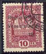 Italy - Venezia Giulia 1918 Austrian 10h lake opt'd with part of date missing (. 18. instead of 3. XI. 18.) variety fine used, SG 34var, stamps on , stamps on  stamps on italy - venezia giulia 1918 austrian 10h lake opt'd with part of date missing (. 18. instead of 3. xi. 18.) variety fine used, stamps on  stamps on  sg 34var