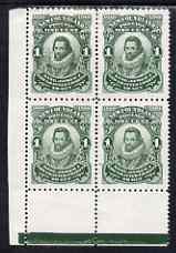Newfoundland 1910 King James I 1c green P12 x 14 mounted mint corner block of 4, 2 stamps unmounted mint SG 106, stamps on 