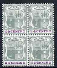 Mauritius 1895-99 Arms 4c fine mounted mint block of 4 one stamp with 'white flaw on N' SG 130var, stamps on , stamps on  stamps on mauritius 1895-99 arms 4c fine mounted mint block of 4 one stamp with 'white flaw on n' sg 130var