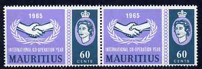 Mauritius 1965 International Co-operation Year,60c unmounted mint pair, one stamp with broken Y of Year SG335var, stamps on communications, stamps on  icy , stamps on united nations