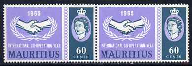 Mauritius 1965 International Co-operation Year  60c unmounted mint pair, one stamp with 'white flaw by Portrait' SG335var, stamps on , stamps on  stamps on communications, stamps on  stamps on  icy , stamps on  stamps on united nations