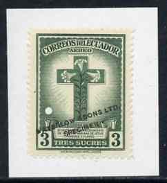 Ecuador 1946 30th Death Anniv of Blessed Mariana 3s Cross & Lilies colour trial proof in green affixed to small piece opt'd 'Waterlow & Sons Ltd, Specimen' with small security puncture as SG 801, stamps on , stamps on  stamps on religion