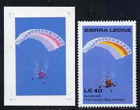 Sierra Leone 1987 Paraplane (Ultralight) from Milestone of Transportation set, SG 1065 imperf proof in magenta and blue only on Cromalin plastic card (plus issued stamp) ..., stamps on 