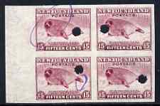 Newfoundland 1941-44 KG6 Harp Seal 15c claret imperf marginal Proof block of 4 each stamp with Waterlow security puncture, two stamps with varieties high-lighted by checker for correcting, some wrinkles but a scarce KG6 item (as SG 285), stamps on , stamps on stamps on , stamps on stamps on kg6 , stamps on stamps on